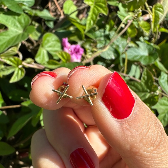 14K Solid Gold Hortense Cross Kiss Earrings - Picture 2 of 4